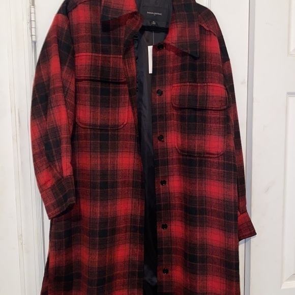 BANANA REPUBLIC FACTORY WOMAN RED PLAID LONG SHACKET COAT SIZE M .NEW WITH TAGS - Picture 5 of 11